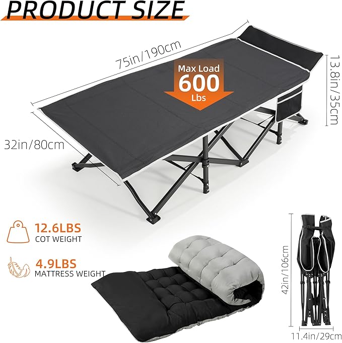 Portable Camping Cot, 32" Extra Wide Camping Cots for Adults with Thick Mattress, Heavy Duty Sleeping Cot Holds Up to 600LBS, Cots for Sleeping, Rv, Beach, Patio, Office Naps 2Pcs (Black)