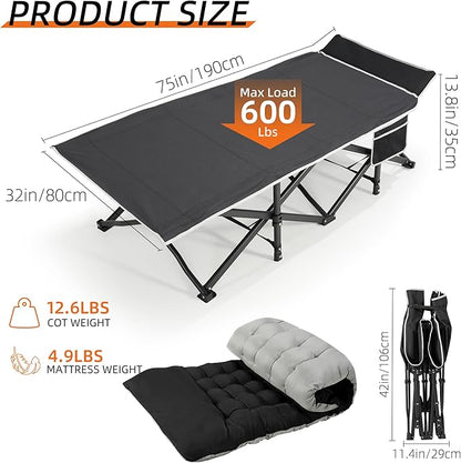 Portable Camping Cot, 32" Extra Wide Camping Cots for Adults with Thick Mattress, Heavy Duty Sleeping Cot Holds Up to 600LBS, Cots for Sleeping, Rv, Beach, Patio, Office Naps(Black)
