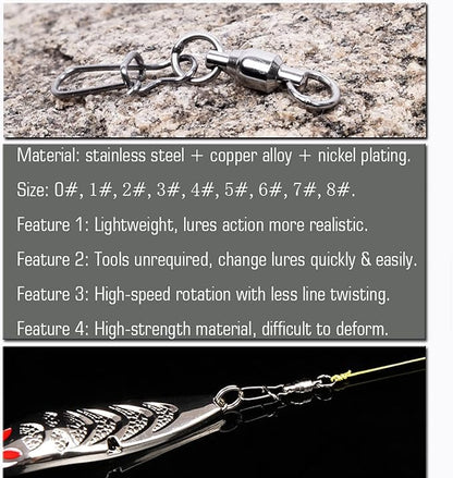 AMYSPORTS Duo Lock Snap Fishing Swivels Stainless Barrel Swivels Fishing Lure Snap Swivels Ball Bearing Swivels Fishing Tackle for Saltwater Fishing Freshwater Fishing