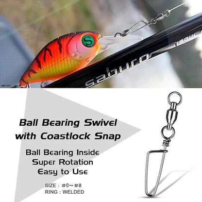 Atibin High Strength Fishing Swivel Freshwater Corrosion Resistance Fishing Snap Swivel Stainless Lock Snap Swivels Steel Ball Bearing Black Nickel