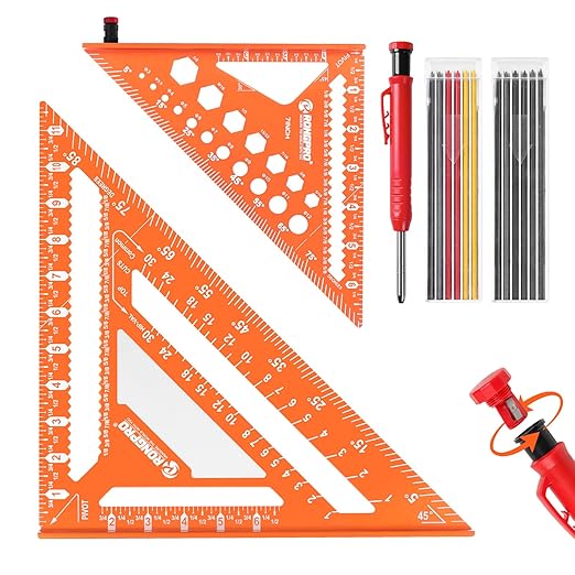 2pcs Rafter Square, 12-inch & 7-inch Carpenter Sqaure Set with Woodworking Pencil, Carpenter Measuring Layout Tool, Aluminum Alloy Triangle Ruler for Woodworking- Imperial