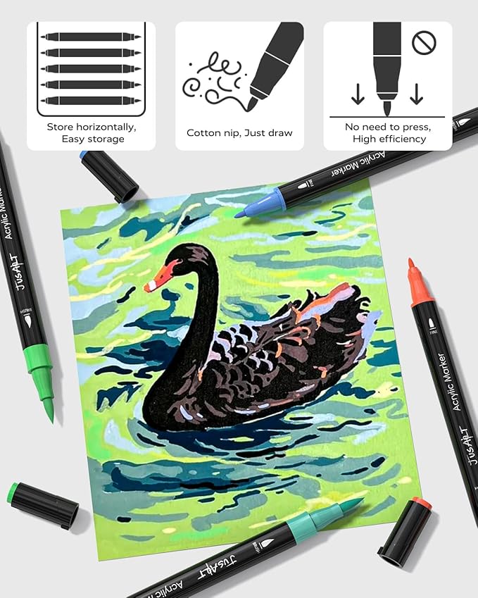 JusArt 48 Colors Dual Tip Acrylic Paint Pens Markers, Brush and Fine Tip, Premium Paint Pens for Wood, Canvas, Egg, Stone, Fabric, Rocks, Metal, Glass, Ceramic, DIY Crafts Making Art Supplies Gifts