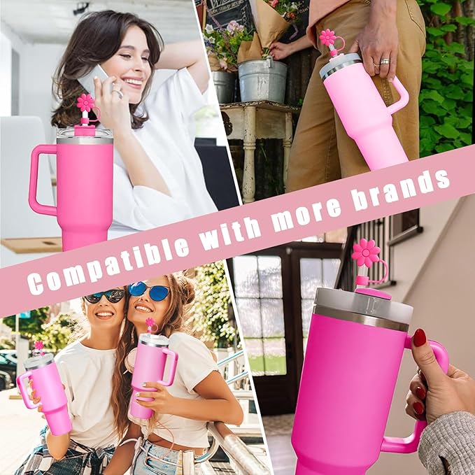 4PCS Silicone Straw Covers Toppers for Stanley Cups 30&40 Oz Tumbler Accessories Flower Straw Caps Rose Red Dust-Proof Reusable Straws Tips Protectors for Stanley Cup 10mm 0.4in Straws