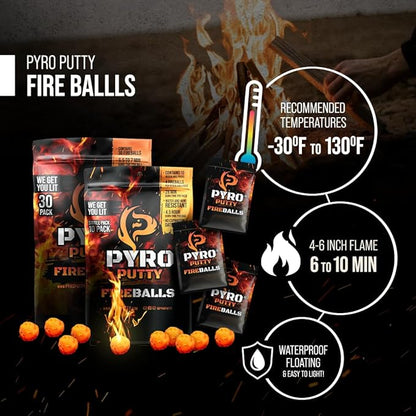 Pyro Putty Fire Balls: Fire Plugs Fire Starter with 7 Minute Burn Time, Waterproof, Weatherproof Emergency Kit Survival Gear Essential - 30 Pack
