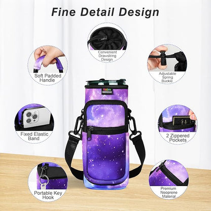 Nuovoware Water Bottle Carrier Bag,25oz/40oz/64oz Bottle Pouch Holder,Adjustable Shoulder Hand Strap 2 Pocket Sling Neoprene Sleeve Sports Accessories for Hiking Travelling Camping