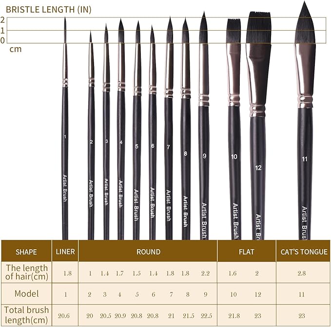 Watercolor Paint Brush Set,12Pcs Professional Paint Brushes for Acrylic Painting,Soft Synthetic Fine Hair Oil Paint Brushes,Flat,Round, Cat's Tongue,Liner for Detail Painting and Art Painting