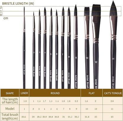 Watercolor Paint Brush Set,12Pcs Professional Paint Brushes for Acrylic Painting,Soft Synthetic Fine Hair Oil Paint Brushes,Flat,Round, Cat's Tongue,Liner for Detail Painting and Art Painting