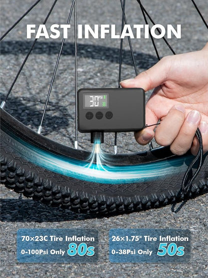 Mini Bike Tire Air Pump: Fast Inflate Portable Small Bicycle Electric Pump for Presta and Schrader Valves, 120 Psi High Pressure Pump with Digital Gauge for Road Bike, Mountain Bike, E-Bike