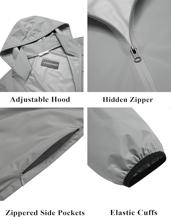 COOFANDY Men's Packable Rain Jacket Lightweight Waterproof Raincoat with Hood Travel Hiking Golf Windbreaker