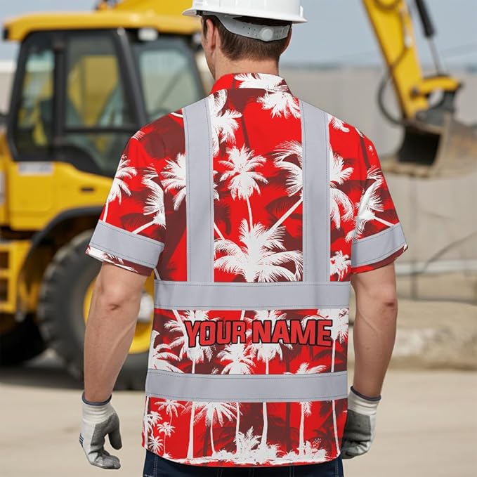 High Visibility Hawaiian Shirt for Men Tropical Shirts Custom Name Floral Outfit Reflective Safety Workwear
