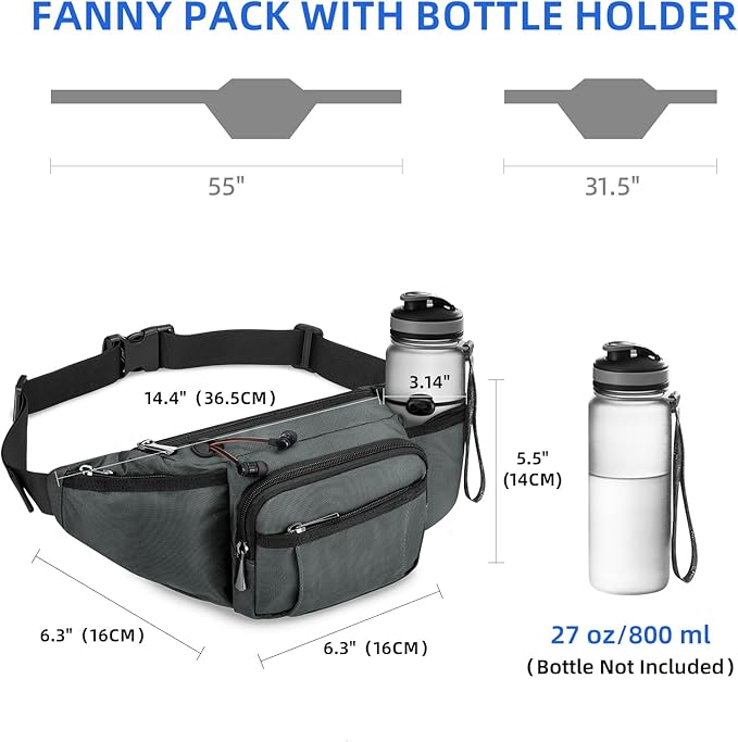 NOOLA Fanny Pack Waist Bag for Men Women, Lightweight Waist Pack with Water Bottle Holder, Adjustable Belt Bag with Multi-Pockets for Hiking, Dog Walking, Outdoor, Cycling, Running, Travel, Grey