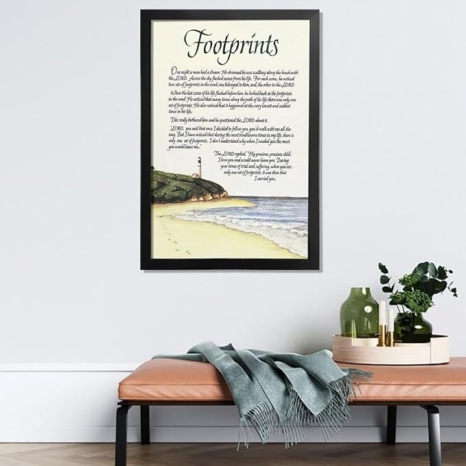 Footprints in the Sand Religious Canvas Wall Art Posters, Inspirational Beach Sunset Poem Print Poster (Black Framed 16x24inch, Footprints(5))