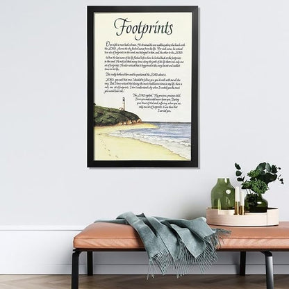 Footprints in the Sand Religious Canvas Wall Art Posters, Inspirational Beach Sunset Poem Print Poster (Black Framed 16x24inch, Footprints(5))