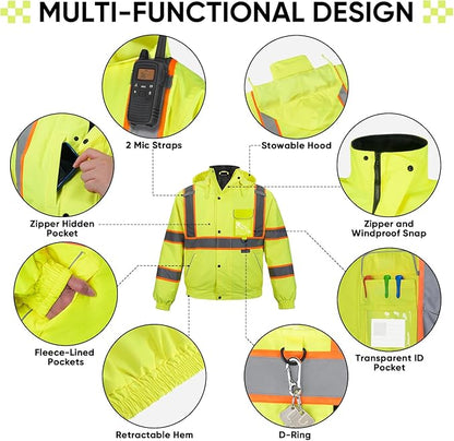 TICONN Waterproof Safety Bomber Jacket, Hi Vis Reflective Rain Jacket, ANSI Class 3 Work Rain Coat for Men Women