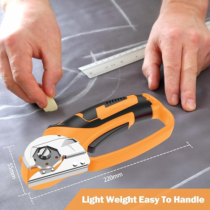 Cordless Electric Scissors, 4V Box Cutter & Cardboard Cutter with 2 Titanium Blades - Rotary Cutter with LED Light for Fabric, Leather, Carpet, Plastic, Crafting + Storage Case (Orange)