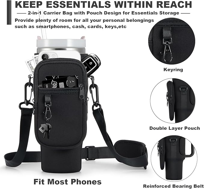 Water Bottle Carrier Bag with Phone Pocket for Stanley 40 & 30 oz Tumbler with Handle,Pink Insulated Neoprene Cup Holder Pouch w/Adjustable Strap for Quencher H2.0 Stanley Cup Accessories