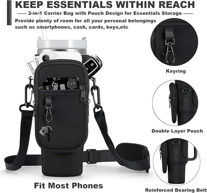 Water Bottle Carrier Bag with Phone Pocket for Stanley 40 & 30 oz Tumbler with Handle,Pink Insulated Neoprene Cup Holder Pouch w/Adjustable Strap for Quencher H2.0 Stanley Cup Accessories