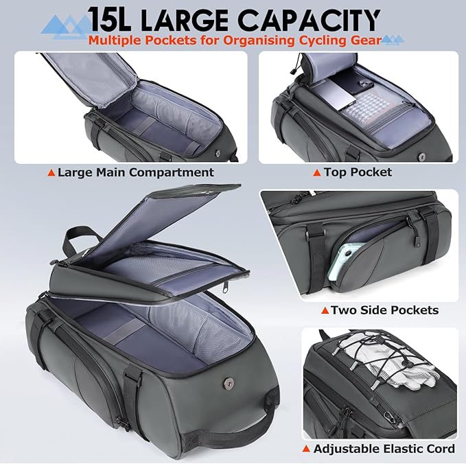 RAINSMORE Bike Bags for Bicycle Rear Rack 15L Waterproof Bike Ebike Trunk Pannier Saddle Bag with Rain Cover Bike Accessories Backpack Shoulder Bag for Commuter Travel Outdoor, Grey