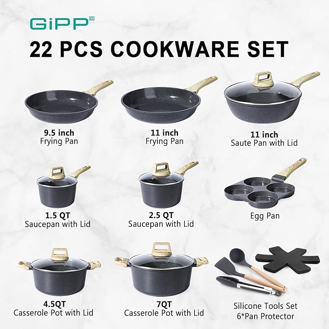 GIPP 22 Piece Ceramic Nonstick Pots and Pans Set- Cookware Non Stick Set, Non-toxic Healthy Kitchen Cooking Set w/Frying Pans Set, Dishwasher Safe, PFAS PTFE PFOA PFOS Free