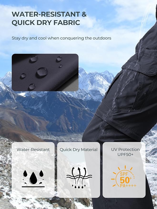 Men's Convertible Hiking Pants Waterproof Quick Dry Zip-Off Lightweight Tactical Multi-Pocket Outdoor Fishing Safari Trousers