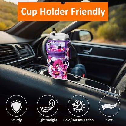Water Bottle Carrier Bag with Phone Pocket for Stanley 40/30 oz Tumbler Neoprene Insulated Mug Sleeve Pouch with 2 Pockets & Adjustable Strap & Straw Cover for Stanley Cup Accessories