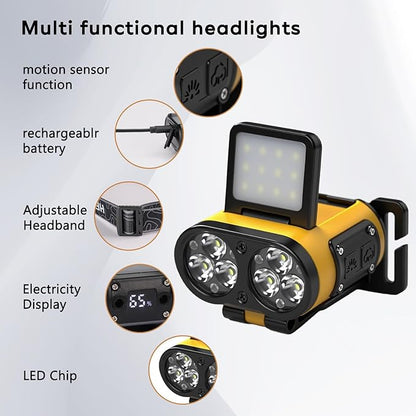 LED Hard Hat Light, 2 pcs Dimmable Clip on Cap Lights, Headlamp Rechargeable, 180°Adjustable Hands Free Hat Flashlight Headlamp Waterproof for Hiking, Running, Fishing, Cycling, Emergency (Yellow)