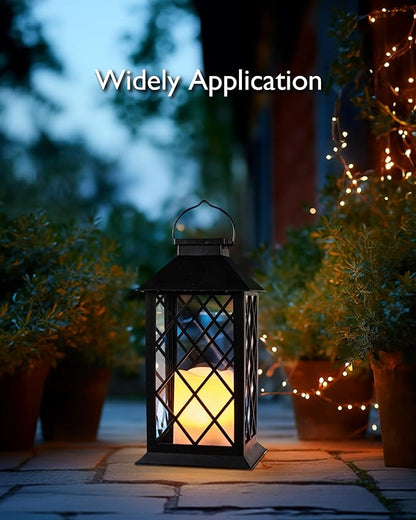 Homemory Solar Lanterns Outdoor Waterproof Hanging with Flickering Flameless Candles, 2 Pack 13'' Garden Outdoor Lantern Decorative for Patio Front Porch Backyard Balcony Cabin Outside Table(Black)