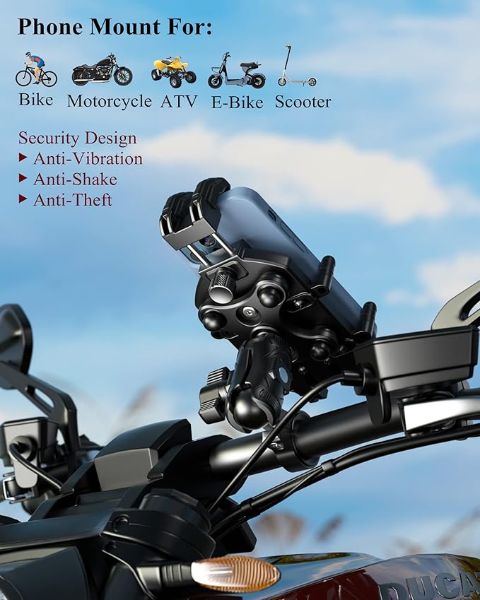 BRCOVAN Anti-Theft Motorcycle Phone Mount Holder with Vibration Dampener & High-Speed Secure Lock, Adjustable Size Handlebar Cellphone Cradle for Bike Bicycle Scooter ATV, Fit 5.4-7.2'' Smartphone