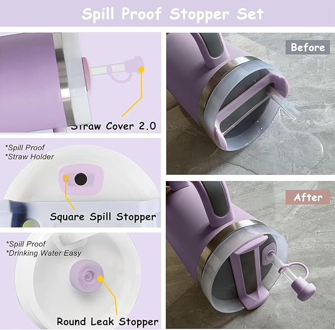 Stanley Cup Accessories Set,Including 2 Pcs 0.4in Straw Cover, 1 Silicone Spill-Proof Stopper Set of 3, 1 Cute Purple Flower Handle Charm, 1 Silicone Boot Fits Stanley 40&30 Oz Tumbler (Purple)
