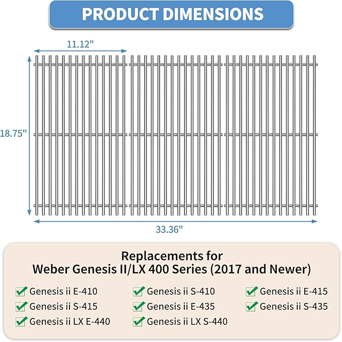 18.7" SUS304 9MM Cooking Grates for Weber Genesis II 400 and Genesis II LX 400, Genesis II/LX E410 E415 E435 E440 S410 S415 S435 S440 Series Grills, 3 Packs Grill Grate Parts for Weber 66089