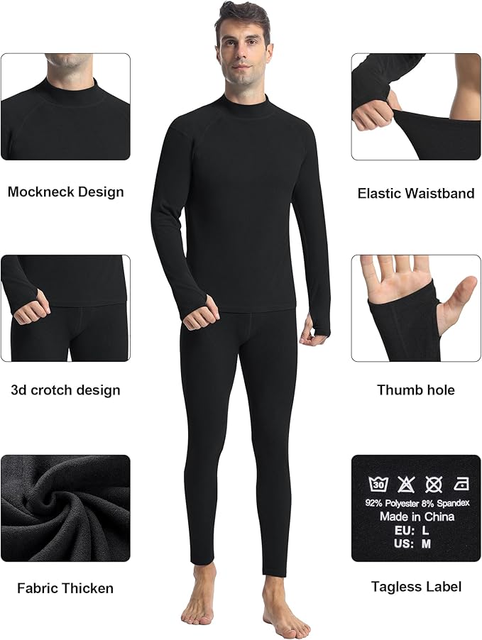 Runhit Mens Thermal Underwear Set：Fleece Lined Long Johns for Men Thermal Shirts and Pants Base Layer Cold Weather Thermals