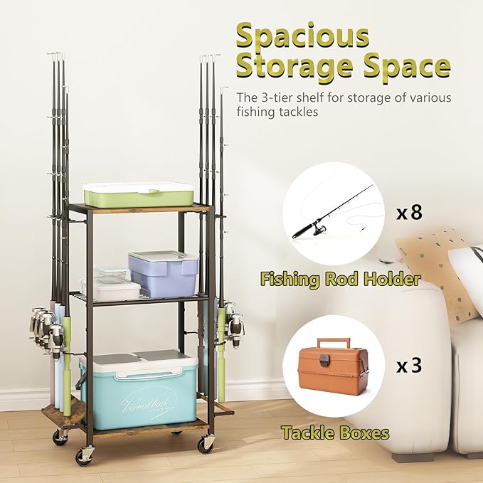 ZHOOGE Fishing Rod Holders for Garage, Fishing Pole holders Fishing Pole Rack Holds up to 8 Rods and Reel Combos, Fishing Gear Equipment Organizer Storage Solution for Garage Basement or Indoor