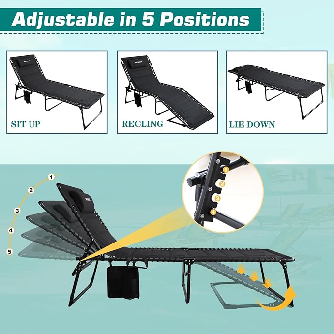 Outdoor Folding Lounge Chair Padded for Adults 264Ibs Patio Chaise Lounge Chair for Outside 5-Position Adjustable Reclining Beach Chair with Pillow Pocket