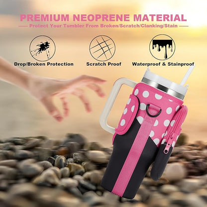 Water Bottle Carrier Bag with Phone Pocket for Stanley 40 & 30 oz Tumbler with Handle,Pink Insulated Neoprene Cup Holder Pouch w/Adjustable Strap for Quencher H2.0 Stanley Cup Accessories
