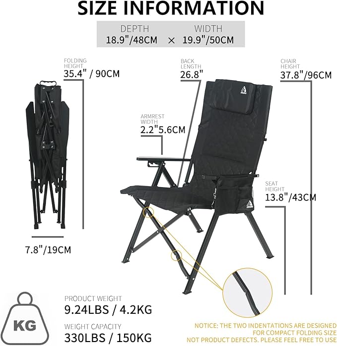 Reclining Camping Chair, Heavy Duty Folding Chairs with 4-Stage Adjustable High Back for Adults, Compact Foldable Outdoor Patio Reclining Chair with Storage Bag (Black, 2 Pack)