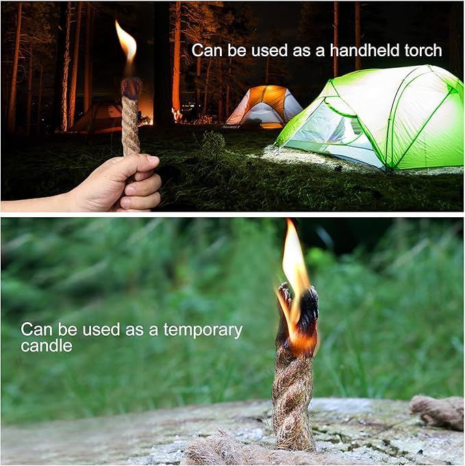 GOLDACE100% Windproof, Rainproof and Moisture- Emergency Survival Tool Kits| Long-Lasting Fire Starters for Campfires| Camping Cooking Kindling Tinder| fire Rope Hemp core| Unlimited Shelf Life