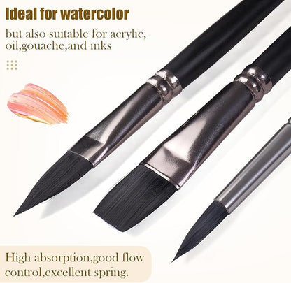 Watercolor Paint Brush Set,12Pcs Professional Paint Brushes for Acrylic Painting,Soft Synthetic Fine Hair Oil Paint Brushes,Flat,Round, Cat's Tongue,Liner for Detail Painting and Art Painting