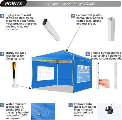 COBIZI 10x10 Pop up Canopy, Canopy Tent 10x10 Gazebos, Ez up for Parties Beach Camping Party Event Shelter Sun Shade with 4 Sidewalls & Carry Bag 4 Stakes & Ropes & Sandbags, Blue