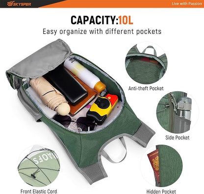 SKYSPER Foldable Hiking Backpack - 10L Small Lightweight Daypack Breathable Travel Backpacks for Men Women