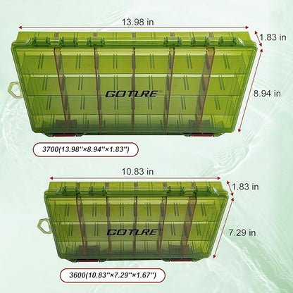 Goture Fishing Tackle Box Organizer - Transparent Fishing Organizer Box w/Measurement Ruler, Adjustable Dividers, Dual Latches | 4 Pcs 3600 Tackle Tray| Ergonomic Grip