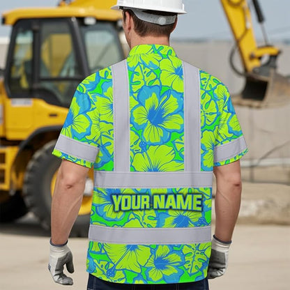 High Visibility Hawaiian Shirt for Men Tropical Shirts Custom Name Floral Outfit Reflective Safety Workwear
