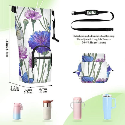 Blue Purple Cornflower Water Bottle Holder with Strap Insulated Water Bottle Carrier Crossbody Bags Pouch with Phone Pocket for Travel Gym Hiking Walking Running