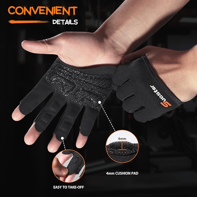 SueStar Partial Weight Lifting Gloves, 3/4 Finger Workout Gloves for Men Women, Full Palm Protection & Silicone Grip Gym for Weightlifting Exercise Fitness Smartwatch Friendly