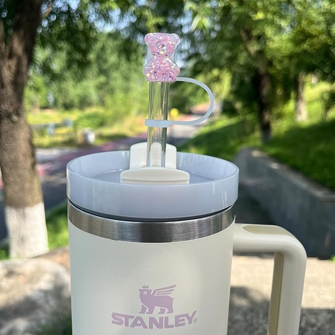 4 PCs Bling Straw Cover Cap for Stanley Cup including Bear, Bow, Shell, Star Straw Toppers, Cute Pink Straw Cover Cap Accessories for 20 30 40 oz Tumblers