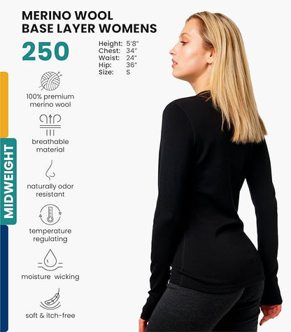 Merino.tech Merino Wool Base Layer Women - 100% Merino Wool Heavyweight, Midweight, Lite Long Sleeve Thermal Shirt and Socks