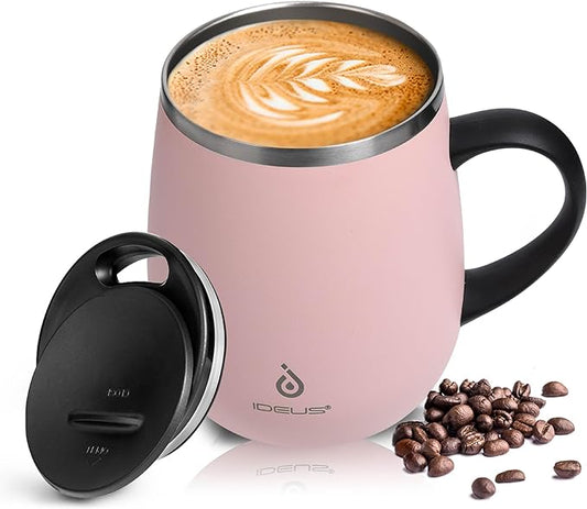 Ideus 16 oz Insulated Coffee Mug with Handle and Lid, Double Wall Stainless Steel Vacuum Thermal Coffee Mug, Travel Coffee Cup Thermal Cup for Home and Office, Sakura Pink