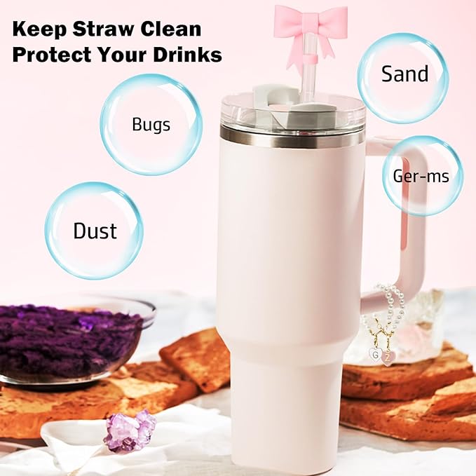 Pink Bow Stanley Straw Topper, 2pcs Pearl Chain for Stanley Cup Accessories Initial Letter Charms Handle with 2pcs Straw covers for Water Bottle Jewelry Tumbler Personalized Decorations Tag R