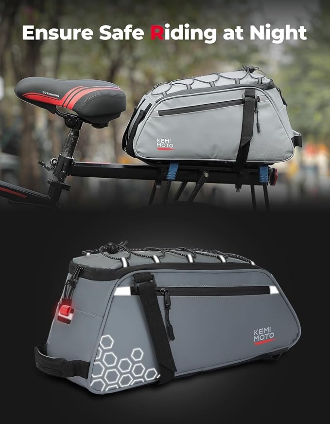 KEMIMOTO Rear Bike Rack Bag 11L, Water-resistant 3 IN 1 Bicycle Trunk Bag Cycling Luggage Saddle Shoulder Pack for Road Mountain Ebikes, Storage Backpack for Commuting, Shopping, Traveling, Grey