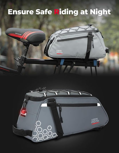 KEMIMOTO Rear Bike Rack Bag 11L, Water-resistant 3 IN 1 Bicycle Trunk Bag Cycling Luggage Saddle Shoulder Pack for Road Mountain Ebikes, Storage Backpack for Commuting, Shopping, Traveling, Grey