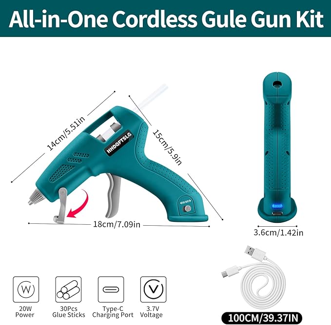 Cordless Hot Glue Gun with 30 Premium Glue Sticks, 20W Cordless Glue Gun, 90s Fast Preheating, 2600mAh Type-C Rechargeable for School Craft Arts, DIY, Home Repairs & Gift Making